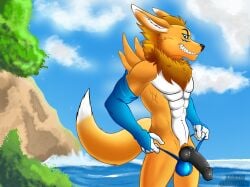 adognamedkayne anthro bandai_namco bikini_thong clothing countershading digimon digimon_(species) exhibitionism grinning_at_viewer hi_res knot male male_only outside renamon sea smile smiling_at_viewer solo swimwear water