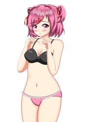 1girls blush blush doki_doki_literature_club female frilled_panties looking_at_viewer natsuki_(doki_doki_literature_club) neo_g15 panties pink_eyes pink_hair pink_panties smile smiling smiling_at_viewer solo standing white_background