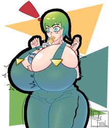 azure_fossil big_breasts breast_expansion breasts_bigger_than_head breasts_bursting_out breasts_out_of_clothes chubby_belly chubby_female fanart foo_fighters green_hair growth huge_breasts huge_butt huge_thighs item_in_cleavage jojo's_bizarre_adventure lipstick no_bra overalls sideboob solo_female spillage surprised thick_thighs tight_clothing tight_fit top_heavy