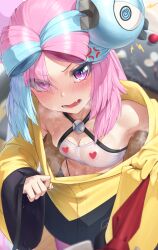 1girls angry blue_and_pink_hair blush censored eye_contact game_freak hair_ornament heart_censor iono_(pokemon) long_hair looking_at_viewer nintendo padoruu pink_eyes pokemon pokemon_(game) pokemon_sv solo sweat sweatdrop two_tone_hair wet_clothes