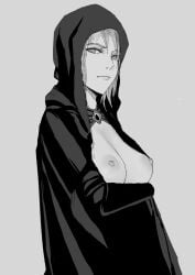 1girls amulet astrogia bare_breasts black_cloak black_clothes black_clothing breast_outside breasts breasts_out cloak clothed clothing crossed_arms elden_ring emblem female female_only fia_the_deathbed_companion fromsoftware hood hood_up hooded hooded_cloak hooded_robe jewel jewelry looking_at_viewer nipples no_color short_hair simple_background solo solo_female