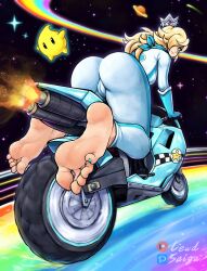 ass barefoot blonde_hair blue_eyes blue_nails cameltoe crown feet female foot_fetish hair_over_one_eye lewdsaiga looking_at_viewer looking_back luma mario_(series) mario_kart motorcycle nail_polish princess_rosalina rainbow_road soles toenail_polish toenails toes