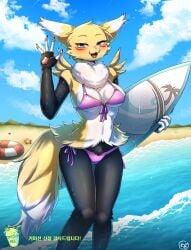 :3 anthro asterozoan bandai_namco beach bikini blush braixen breasts canid canine canis cleavage clothed clothing crossover digimon digimon_(species) digital_media_(artwork) echinoderm enoiz female generation_6_pokemon hi_res hybrid inflatable inflatable_toy inner_tube mammal marine medium_breasts navel nintendo outside pokémon_(species) pokemon pokemon_(species) pool_toy renamon sand seaside sky solo starfish starfish_(accessory) surfboard swim_ring swimwear under_boob video_games water wet white_body yellow_body