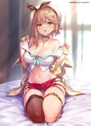 1girls atelier_(series) atelier_ryza bare_shoulders bed hips hong_(white_spider) indoors light-skinned_female light_skin looking_at_viewer reisalin_stout teasing undressing waist