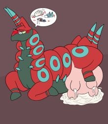 absurd_res bodily_fluids feral generation_5_pokemon growth hi_res hooves lactating male nintendo nipples nude pokemon pokemon_(species) scolipede simple_background solo sstinkies text udder_growth udders video_games