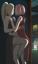 2girls against_wall alley blonde_hair blue_eyes blush boruto:_naruto_next_generations clothed_female clothing crop_top dark dress female female_only friends green_eyes hair_over_one_eye implied_sex implied_yuri ino_yamanaka leg_lift leg_up_sex looking_at_another looking_at_partner low-key_lighting mature mature_female midriff milf multiple_girls naruto naruto_(series) night no_panties optimystic outdoors pants pink_hair raised_leg sakura_haruno smile standing standing_sex standing_tribadism tied_hair tribadism very_long_hair yuri