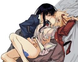 2girls black_hair blonde_hair blush bottomless breasts censored closed_eyes clothed_sex embrace female fingering inoue_takina kissing koyomania lycoris_recoil nishikigi_chisato pants_removed passionate saliva_trail sheet_grab sideass sweat yuri