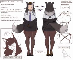 alice_(silviathepony) big_breasts bisexual bisexual_(female) character_sheet color colored concept_art dog_ears dog_girl dog_tail english_text harness heels heterochromia high_heels huge_breasts kemonomimi office_lady original original_character tail thiccwithaq