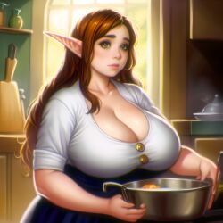 ai_generated big_breasts chubby cooking elf elf_ears female female_only halfling kitchen large_breasts solo stable_diffusion voluptuous