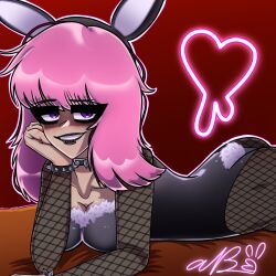 artist_self-insert artist_signature bunny_ears bunny_girl bunny_tail bunnysuit colored colored_nails cute_deth cute_deth(artist) cute_deth(character) digital_media_(artwork) emo_girl fishnet_stockings fishnets goth_girl lip_piercing piercings pink_hair playboy_bunny purple_eyes self_insert small_breasts