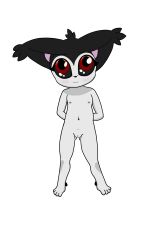 absurd_res anthro black_body black_fur black_sclera ear_tuft espurrito felid feline female flat_chested front_pussy front_view fur genitals hi_res looking_up mammal navel nude pussy red_eyes simple_background solo standing tuft white_body young