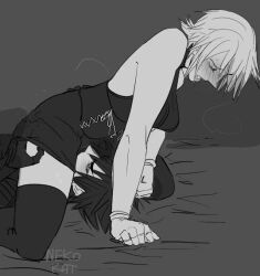 aqua_(kingdom_hearts) black_and_white blush bottom_on_top closed_eyes clothed_sex cunnilingus eating_pussy facesitting grabbing_hair hair_grab hand_on_ass hand_on_butt kingdom_hearts moan moaning moaning_in_pleasure nekokat42 older_female panting short_dress stockings unversed vanitas younger_dom_older_sub younger_male