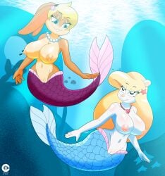 2girls absurd_res animaniacs anthro big_breasts blonde_hair blue_tail breasts cranebear crossover curvy curvy_body curvy_figure duo female fish_tail furry genitals hi_res lola_bunny long_hair looney_tunes marine merfolk mermaid mermaid_position mermaid_tail mermaid_transformation minerva_mink mink monster_girl nipples nude ocean pussy rabbit sea seductive_look space_jam split_form swimming underwater warner_brothers water