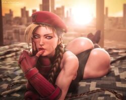 1girls 3d 3d_(artwork) armwear ass beret big_ass blonde_hair blue_eyes boots braid cammy_white capcom clothing curvaceous female female_only green_leotard hair hat headwear huge_ass leotard lips looking_at_viewer mikadawn mole mole_under_eye on_bed red_gloves solo solo_female street_fighter thick_lips thong_leotard