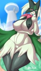 2022 anthro anthrofied big_breasts breasts feline female fur furry furry_only green_fur large_breasts meowscarada misx nintendo nipples nude pokémon_(species) pokemon pokemon_sv pussy red_eyes solo thick_thighs thunder_thighs wide_hips yiff