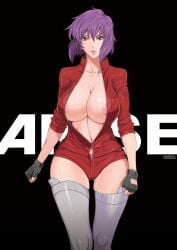 1girls alternate_version_available areola_slip areolae big_breasts breasts breasts_bigger_than_head brown_eyes busty cleavage eyelashes fei_(maidoll) female female_focus female_only fingerless_gloves ghost_in_the_shell hourglass_figure jacket kusanagi_motoko large_breasts leather leather_jacket lips pink_lipstick purple_hair short_shorts sleeves_rolled_up solo solo_female standing thighhighs walking wide_hips