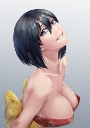 1girls bare_shoulders black_hair blue_eyes breasts cleavage collarbone female female_focus female_only from_side gradient grey_background grin hair_between_eyes head_tilt large_breasts light-skinned_female light_skin looking_at_viewer looking_up mole mole_under_mouth no_bra only_female original original_character rinone_sakuma sakuya_(liao_kj) shiny shiny_hair short_hair smile smiling smiling_at_viewer solo solo_female solo_focus strapless upper_body