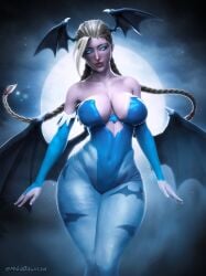 1girls 3d 3d_(artwork) bat_wings big_breasts blonde_hair blue_eyes blue_leotard braid breasts cammy_white capcom cleavage clothing cosplay darkstalkers female female_only hair hips large_breasts leggings legwear leotard lips mikadawn morrigan_aensland_(cosplay) solo solo_female street_fighter thick_lips thick_thighs thighs wide_hips wings