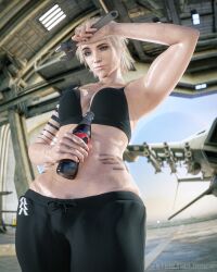 1girls 3d 3d_(artwork) amanda_holliday arm_tattoo black_bra blonde_hair bra breasts bungie clothed coca-cola destiny_(game) destiny_2 dirty female female_only mechanic medium_breasts stealthclobber tattoo yoga_pants