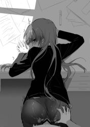 07th_expansion 1boy aged_up ass_grab bar_censor blush business_suit censored clothing_aside female formal furude_rika greyscale highres higurashi_no_naku_koro_ni jacket long_hair long_sleeves looking_at_viewer looking_back monochrome panties panties_aside panties_under_pantyhose pantyhose penis pov sex sex_from_behind solo_focus standing standing_sex straight_hair suit sweatdrop torn_pantyhose trembling underwear usamin_(artist) vaginal_penetration very_long_hair