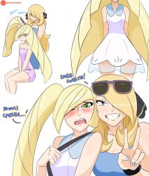 2girls blonde_hair blue_eyes blue_tank_top blush breasts brushing_hair cosplay cynthia_(pokemon) dress english_text female female_only green_eyes hair_ornament large_breasts lillie_(pokemon)_(cosplay) long_hair looking_at_viewer lusamine_(pokemon) multiple_girls nintendo painted_fingernails pokemon pokemon_dppt pokemon_sm shoulder_bag sunglasses_on_head tank_top text towel twintails wearing_towel white_dress zeromomentai