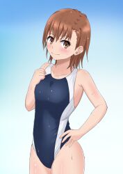 1girls 2020s 2022 armpits bare_hips bare_shoulders blush breasts brown_eyes brown_hair brunette collarbone female hips matching_hair/eyes misaka_mikoto multicolored_background school_swimsuit schoolgirl short_hair small_breasts smile solo standing swimsuit tabu teenage_girl teenager to_aru_kagaku_no_railgun to_aru_majutsu_no_index wet young