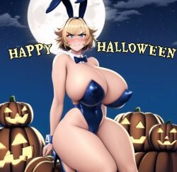 ai_generated angry annoyed annoyed_expression big_breasts blonde_hair blue_eyes blush bowtie bunny_ears bunnysuit edit erect_nipples female female_only halloween happy_halloween high_heels huge_breasts ilien_lerut_(pron982) large_breasts leotard massive_breasts mature_female milf mother nai_diffusion original original_character pron982 skin_tight skindentation slender_waist stable_diffusion thick_thighs voluptuous wide_hips