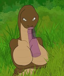 animated bouncing_breasts breasts brown_body brown_scales closed_eyes deep_throat duo fellatio female genitals hi_res male male/female oral penile penis purple_penis reptile scales scalie sex short_playtime snake wiggle yellow_eyes