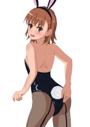 1girls 2020s 2022 ass bare_back bare_shoulders blush brown_eyes brown_hair brunette bunny_ears bunny_girl bunnysuit female fishnets looking_back matching_hair/eyes misaka_mikoto open_mouth short_hair shoulder_blades solo standing tabu teenage_girl teenager to_aru_kagaku_no_railgun to_aru_majutsu_no_index white_background young