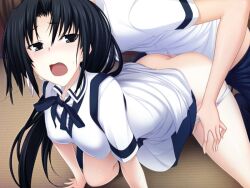 1boy all_fours ass bare_legs black_eyes black_hair black_ribbon blue_pants clothes_lift collared_dress doggy_style dress dress_lift female game_cg hair_ribbon indoors kawagishi_keitarou kawakami_academy_uniform long_hair maji_de_watashi_ni_koi_shinasai! minamoto_yoshitsune_(maji_de_watashi_ni_koi_shinasai!) neck_ribbon open_mouth panties pants panty_pull ponytail pulled_by_another ribbon sex sex_from_behind shiny shiny_hair shirt short_dress short_sleeves straight sweatdrop sweater sweater_vest underwear very_long_hair white_dress white_panties white_ribbon white_shirt white_sweater wing_collar