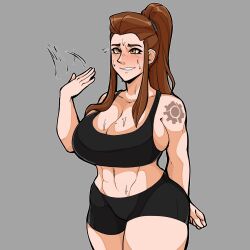 1girls 2d abs arm_tattoo bluueygooey breasts brigitte brigitte_lindholm brown_eyes brown_hair cleavage female female_only huge_breasts long_hair muscular_female overwatch ponytail shorts solo sports_bra sportswear sweat sweating tank_top tattoo too_hot waving waving_hand