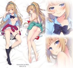 2022 advanced_nurturing_high_school_uniform aqua_jacket artist_name barefoot bed_sheet bikini bikini_removed billie_(meng_gong_fang) black_bra black_panties black_socks blonde_hair blue_eyes blue_scrunchie blue_shirt blush bra bra_lift breasts classroom_of_the_elite clothes_around_waist clothes_down clothes_lift collarbone collared_shirt dakimakura_(medium) dakimakura_design dated dress_shirt female from_above full_body hair_ornament hair_scrunchie high_ponytail jacket karuizawa_kei knee_socks kneehighs kneesocks long_hair looking_at_viewer medium_breasts miniskirt nipples open_clothes open_shirt panties panties_around_one_leg pleated_skirt pussy red_bikini red_sweater school_uniform scrunchie shiny shiny_hair shiny_skin shirt skirt skirt_lift socks soles solo sweater sweater_around_waist swimsuit uncensored underwear v_over_eye very_long_hair white_skirt wing_collar youkoso_jitsuryoku_shijou_shugi_no_kyoushitsu_e