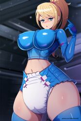 1girls blonde_hair blue_crop_top blue_diaper blue_eyes breasts crop_top diaper huge_breasts large_breasts latex latex_crop_top lilith-fetish looking_at_viewer metroid midriff navel nintendo nipple_bulge ponytail samus_aran solo spaceship thighhighs