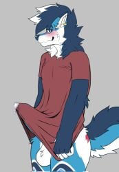 anthro azucaster balls big_penis blush bodily_fluids bootywithabolt bottomless canid canine canis clothed clothing cum cum_in_clothing cum_through_clothing ear_piercing erection erection_under_clothing genital_fluids genitals hi_res male male_only mammal mostly_nude penis piercing precum shirt shirt_only solo tenting topwear topwear_only wet wet_clothing wolf