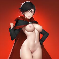 ai_generated bad_anatomy black_hair cloak dyed_hair female nai_diffusion pussy ruby_rose rwby silver_eyes stable_diffusion