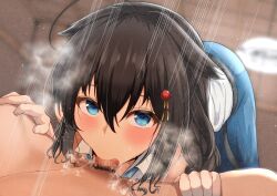 1boy 1girls absurdres agachi_(shunya12300724) ahoge black_hair blue_eyes blue_skirt blurry blurry_background braid braided_hair braided_ponytail brown_hair cute deepthroat eye_contact fellatio female hair_flaps hair_ornament highres kantai_collection looking_at_viewer male_pubic_hair oral pov pubic_hair school_uniform schoolgirl shigure_(kantai_collection) shirt single_braid skirt small_penis spread_legs straight teenager white_shirt