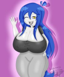 1girls 4_fingers aerola_(megabippy) big_breasts big_breasts blue_hair breasts breasts_bigger_than_head choker cleavage fan_character hand_on_hip huge_breasts long_hair milf mole nipple_bulge oc open_mouth pants scribbleman123 skull smile smiling_at_viewer solo thick_thighs thunder_thighs waving wink