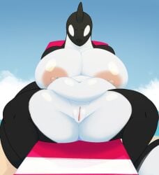 areolae big_breasts breasts dullyarts female lounge_chair lying nanami_(void_dew) nipple_piercing nipples orca pussy spread_legs spreading tagme