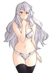 1girls absurdres ass_visible_through_thighs blush bra breasts cleavage deirdre_(fire_emblem) female female_only fire_emblem fire_emblem:_genealogy_of_the_holy_war highres light_purple_hair long_hair looking_at_viewer medium_breasts navel nintendo panties purple_eyes purple_hair simple_background smile solo thighhighs tridisart underwear white_bra white_panties