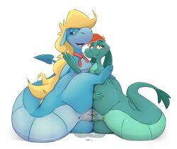 2022 anthro anthro_on_anthro anus blonde_hair blue_body bodily_fluids crossover disney dragon dragon_hill_la_colina_del_dragon duo female female/female genital_fluids genitals green_body hair hair_over_eye hi_res honeymono loch_ness_monster looking_at_viewer nessie_(disney) nude one_eye_obstructed orange_hair pussy pussy_juice scalie sex the_ballad_of_nessie tribadism vaginal_penetration