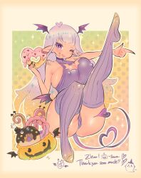 1girls bangs bat_wings batwings big_ass big_breasts big_butt bodysuit breasts bursting_breasts cameltoe candy choker cleavage_cutout donut elf_ears english_text food_in_mouth ghost halloween halloween_costume head_wings heart huge_breasts large_breasts legs_up nailpolish nipple_bulge nipples ombre_hair overflowing_breasts pointed_ears pointing pumpkin purple_eyes purple_hair pussy_juice pussy_peek round_ass sideboob skindentation sparkles stella_(zharxart) succubus tan_skin thigh_gap thigh_highs thighhighs thighs tongue tongue_out watermark wink yumecan2