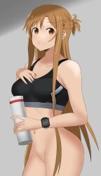 alluring amber_eyes auburn_hair bare_legs big_breasts hx1aewa9 naked_from_the_waist_down pussy sports_bra sword_art_online watch water_bottle yuuki_asuna