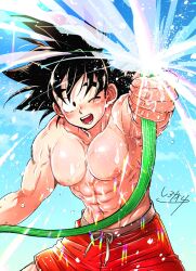 black_hair dragon_ball male_only muscular_male one_eye_closed pecs sakedeikiteru shirtless son_goku water_hose