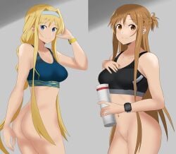 2girls alice_schuberg alluring ass bare_legs blonde_hair blue_eyes bottle brown_eyes hx1aewa9 multiple_girls naked_from_the_waist_down pussy sports_bra sword_art_online tagme water_bottle yuuki_asuna