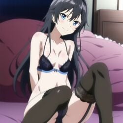 alluring bed black_hair blue_eyes bra female lingerie my_teen_romantic_comedy_snafu on_bed panties seductive tensura thigh_high_stockings yukinoshita_yukino