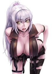 1girls areola_slip areolae arm_strap asymmetrical_legwear bare_shoulders black_pants black_shirt blush blushing_at_viewer breasts breasts_apart collarbone fate/grand_order fate_(series) female female_focus female_only hanging_breasts jeanne_alter large_breasts leaning_forward light-skinned_female long_hair looking_at_viewer nipple_slip nipples no_bra no_panties official_alternate_costume only_female open_mouth pants pants_down pants_pull ponytail pulling_down_pants sakuya_(liao_kj) shirt silver_hair simple_background solo solo_focus thigh_strap torn_clothes torn_clothing torn_pants very_long_hair white_background yellow_eyes