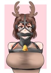 1girls arms_tied_behind_back bell bell_collar bit_gag bondage breasts brown_eyes brown_hair brown_leotard collar gag gagged halo-prisoner harness harness_bit_gag large_breasts leotard looking_at_viewer monoglove original reindeer reindeer_antlers reindeer_costume short_hair slave