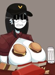 1girls big_breasts black_hair boob_burger breasts breasts_out burger busty clothing covered_nipples ear_piercing fast_food fast_food_uniform female female_only food french_fries fries goth goth_girl hat huge_breasts large_breasts looking_at_viewer meme monster_energy monster_energy_drink no_bra piercing saltynoodles solo uniform veronica_(saltynoodles) white_skin your_order_is_ready_(meme)