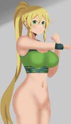 alluring bare_legs big_breasts blonde_hair green_eyes hx1aewa9 leafa naked_from_the_waist_down pussy sports_bra sword_art_online