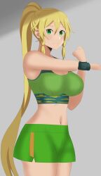 alluring big_breasts blonde_hair green_eyes gym_shorts hx1aewa9 leafa sports_bra sword_art_online